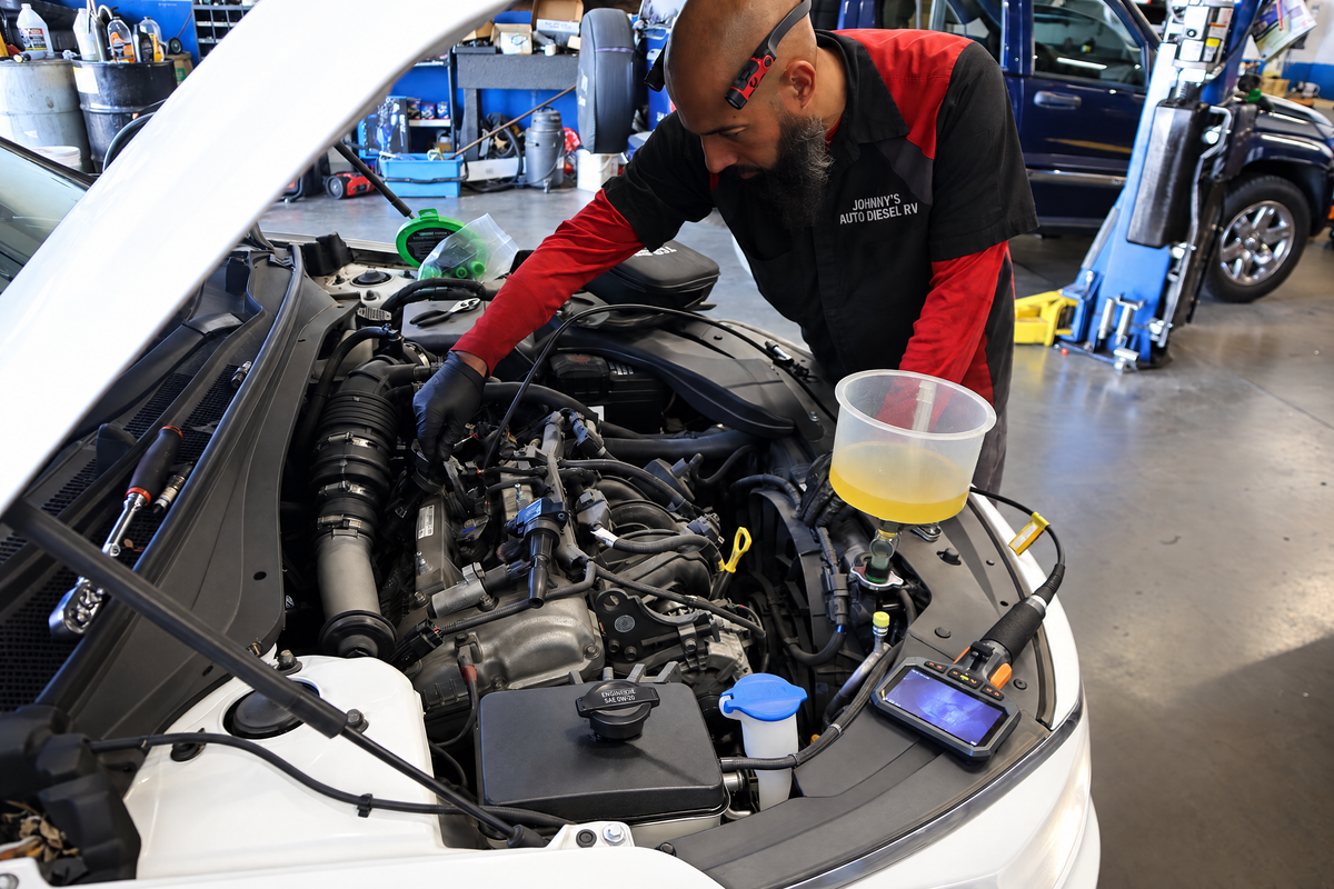 A technician in a Johnny's Auto Diesel RV shirt and a headlamp working on an engine under an open hood, with a lift and a blue vehicle behind him